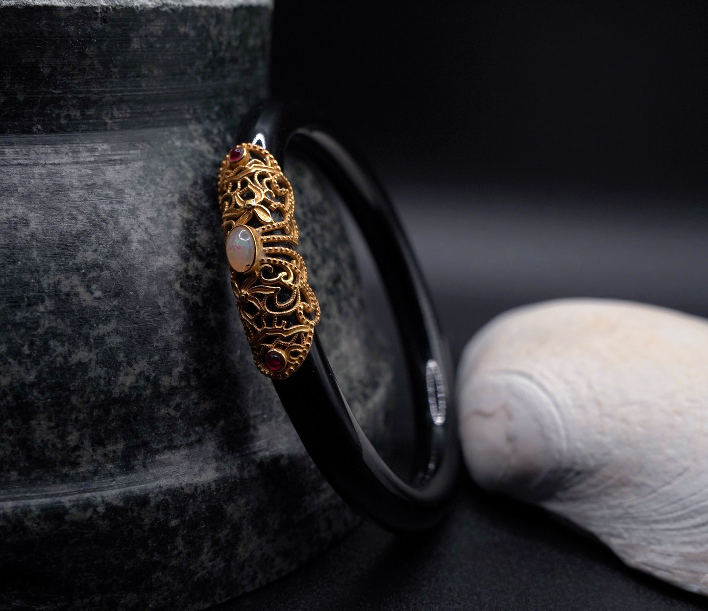 Black Agate Bangle with Opal | 35g | Certified Gemstone | Statement Jewelry