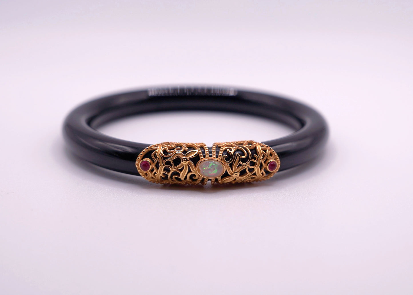 Black Agate Bangle with Opal | 35g | Certified Gemstone | Statement Jewelry