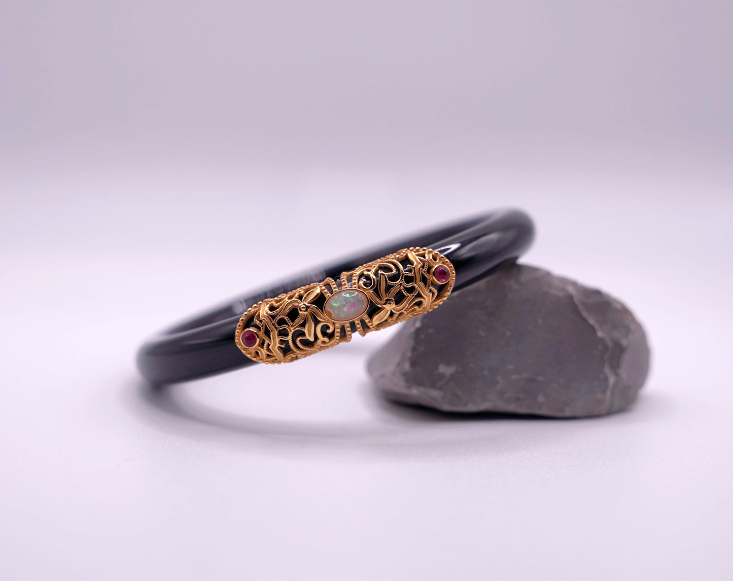 Black Agate Bangle with Opal | 35g | Certified Gemstone | Statement Jewelry