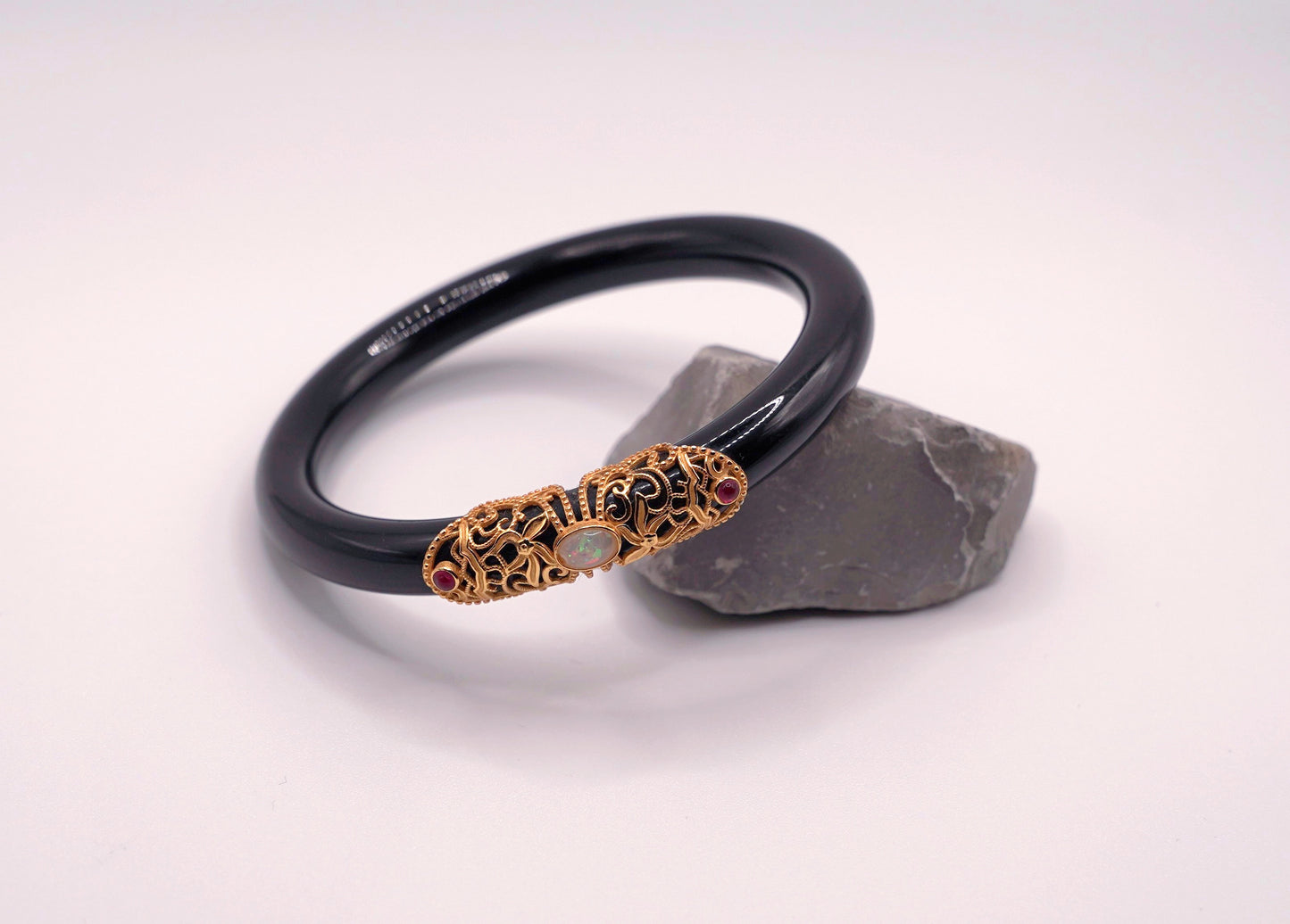 Black Agate Bangle with Opal | 35g | Certified Gemstone | Statement Jewelry