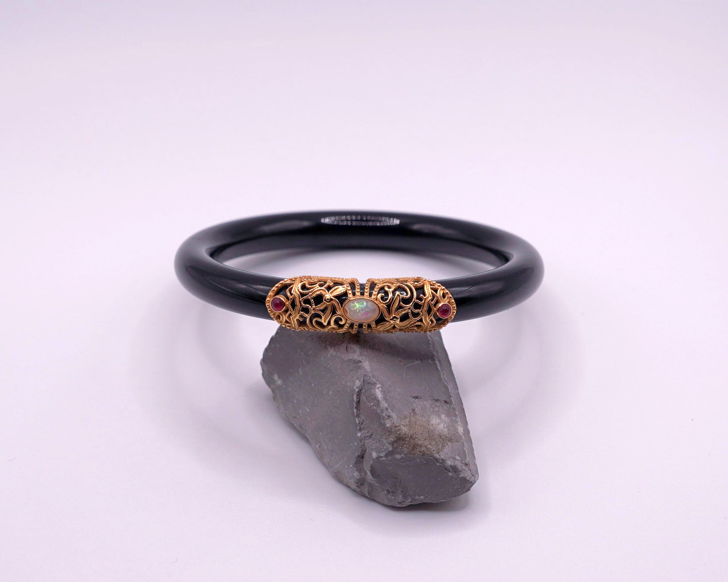 Black Agate Bangle with Opal | 35g | Certified Gemstone | Statement Jewelry