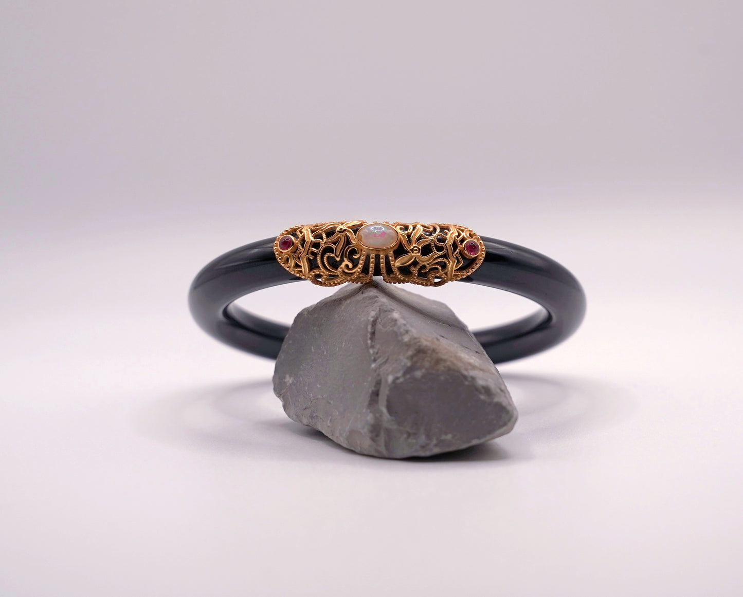Black Agate Bangle with Opal | 35g | Certified Gemstone | Statement Jewelry