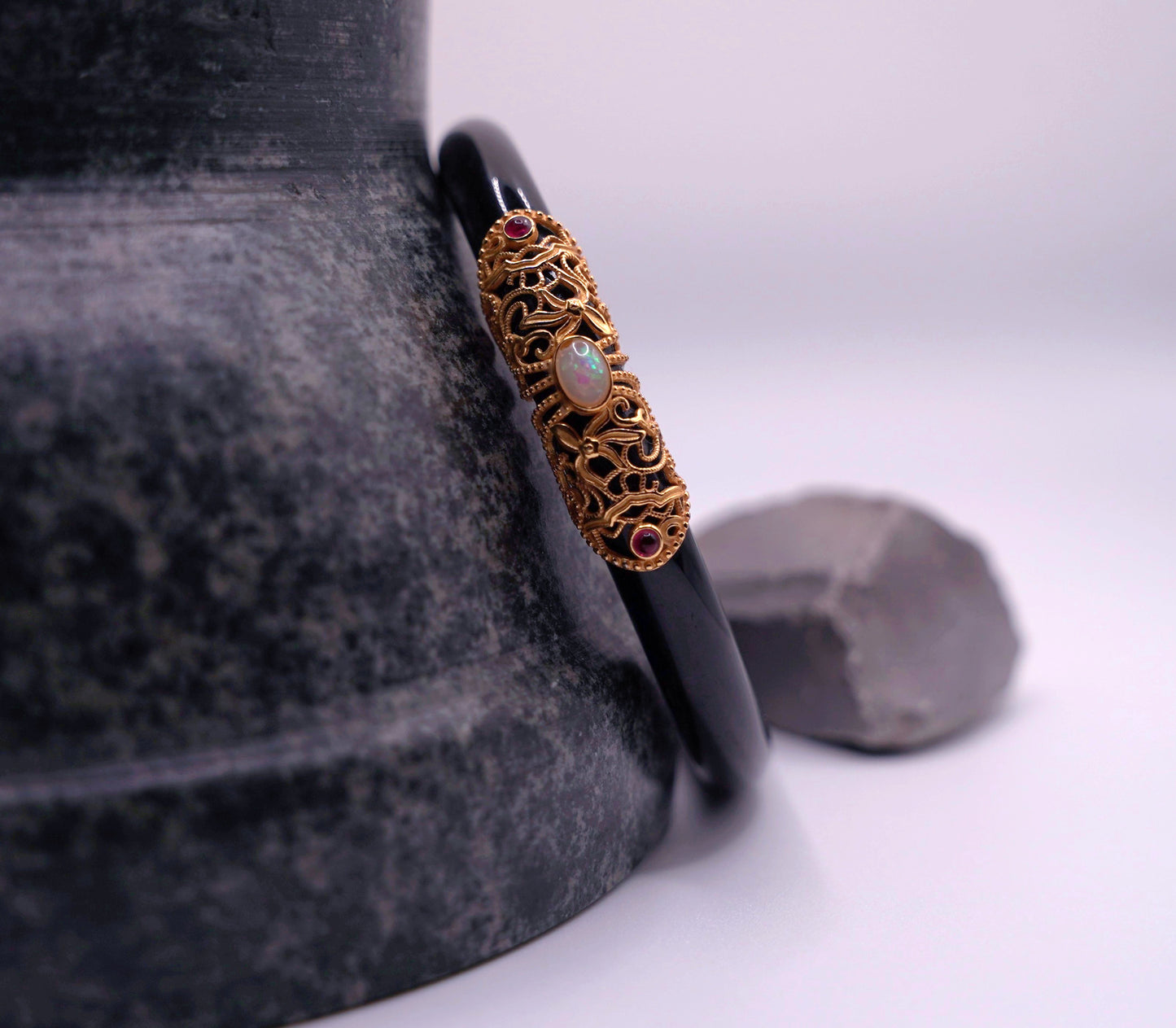 Black Agate Bangle with Opal | 35g | Certified Gemstone | Statement Jewelry