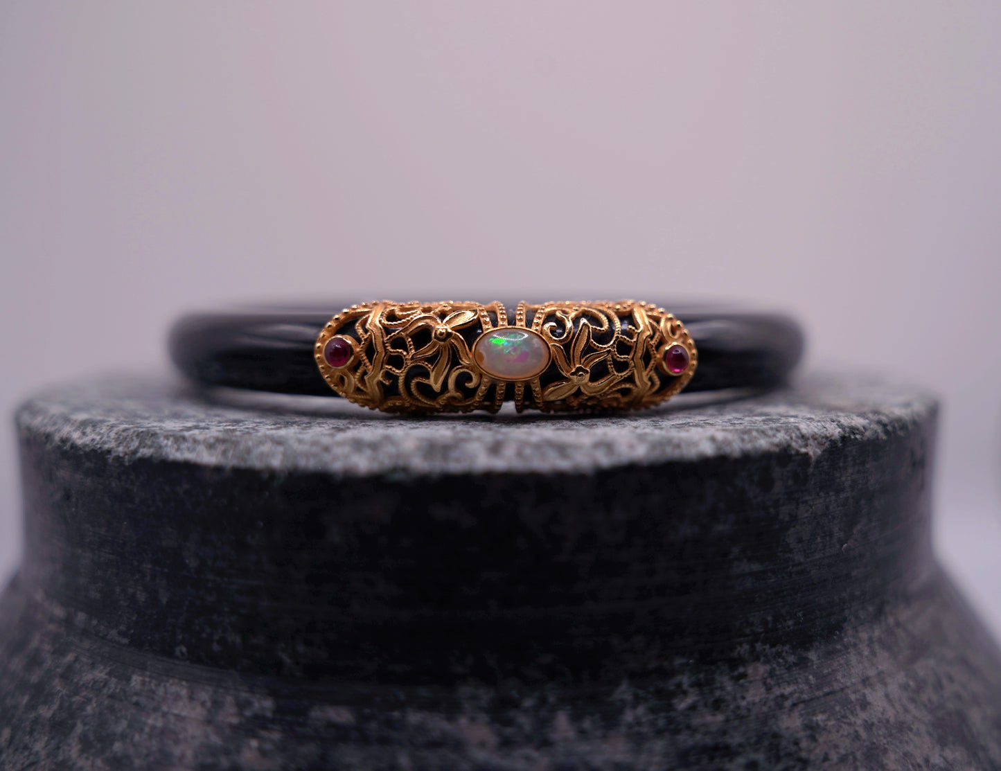 Black Agate Bangle with Opal | 35g | Certified Gemstone | Statement Jewelry