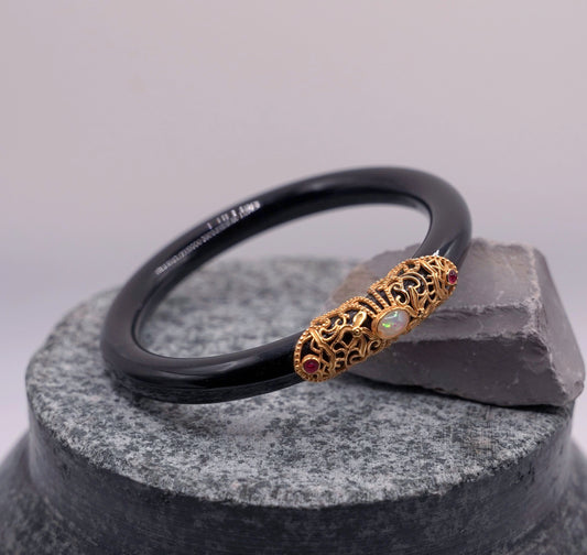 Black Agate Bangle with Opal Centerpiece – Natural Gemstone Bracelet for Protection & Elegance