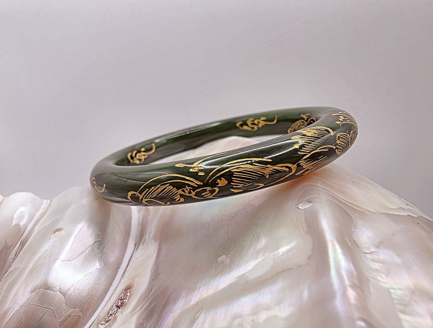 Hetian Jade Bangle with 999k Gold Carving  Handcrafted - Luxury - Certifie
