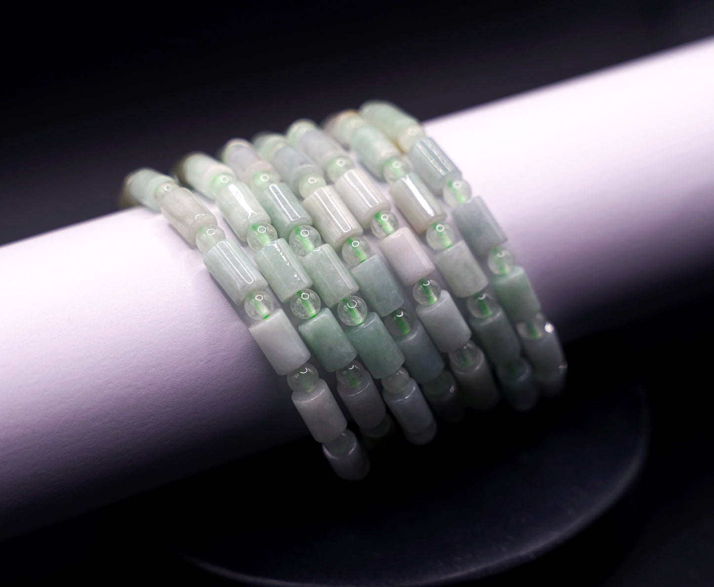 Natural Jadeite Bracelet Stack – Green Cylinder Beads, Handmade Healing Crystal Jewelry