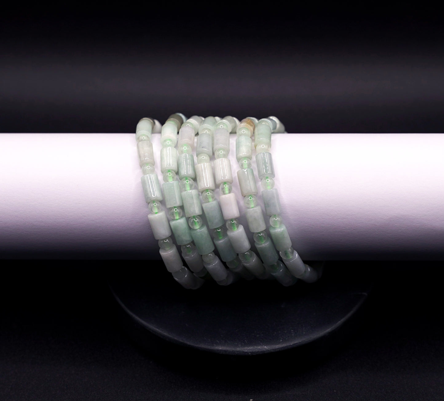 Natural Jadeite Bracelet Stack – Green Cylinder Beads, Handmade Healing Crystal Jewelry