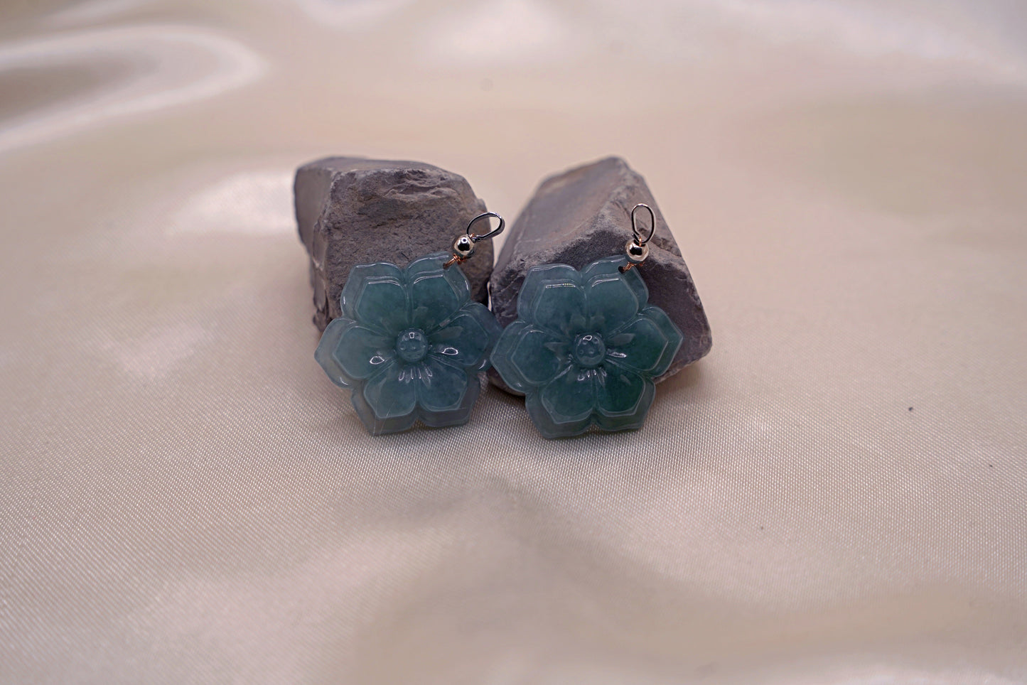 Blue-Green Twin Jadeite Flower Earrings  Hand-Carved  Elegant Gemstone Jewelry