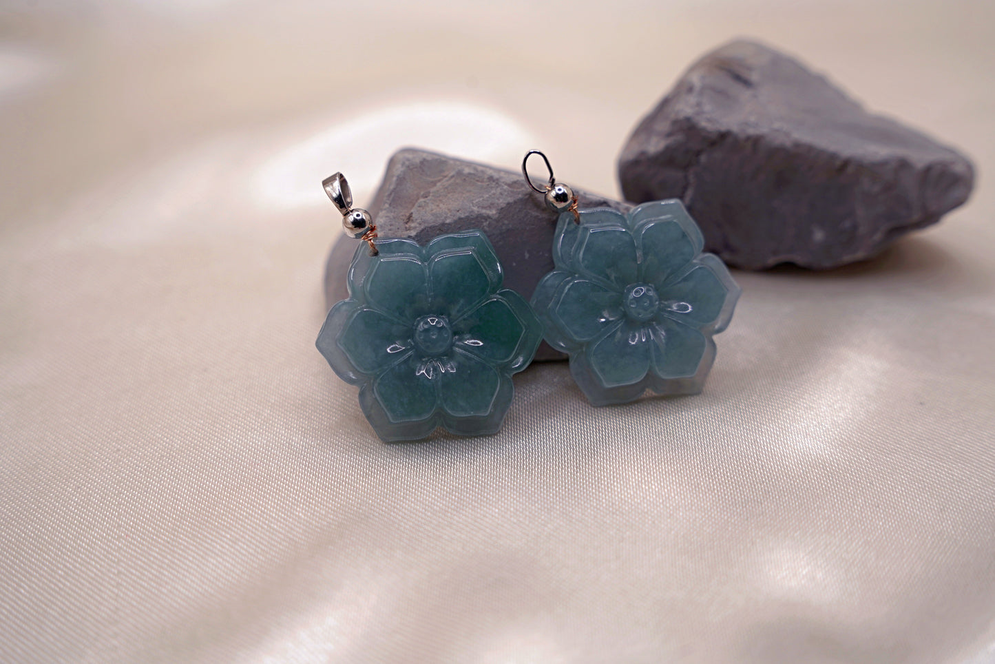 Blue-Green Twin Jadeite Flower Earrings  Hand-Carved  Elegant Gemstone Jewelry