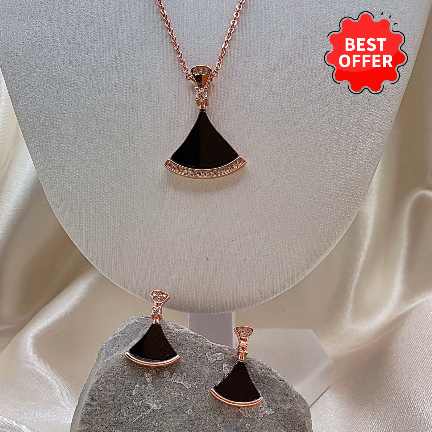 Fan-Shaped Black & Rose Gold Jewelry Set - Necklace & Earrings  Modern Elegance