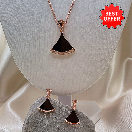 Fan-Shaped Black & Rose Gold Jewelry Set - Necklace & Earrings  Modern Elegance