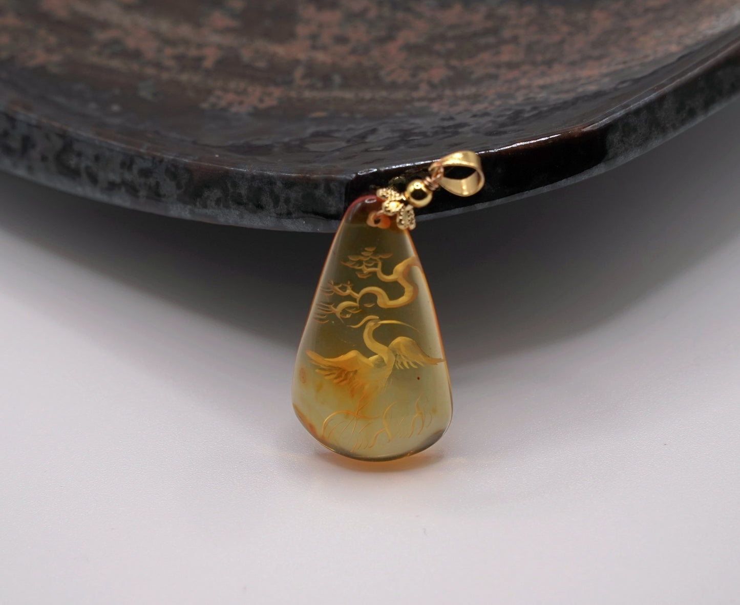 Certified Natural Amber Carving Pendant - Handcrafted  Burmese Fossil Resin Jewelry
