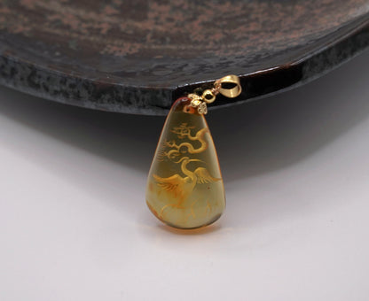 Certified Natural Amber Carving Pendant - Handcrafted  Burmese Fossil Resin Jewelry