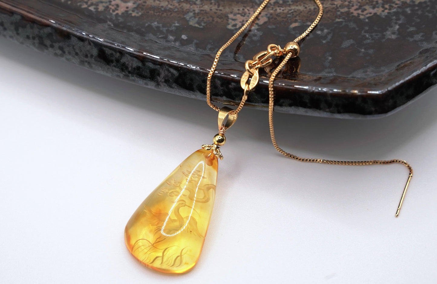 Certified Natural Amber Carving Pendant - Handcrafted  Burmese Fossil Resin Jewelry