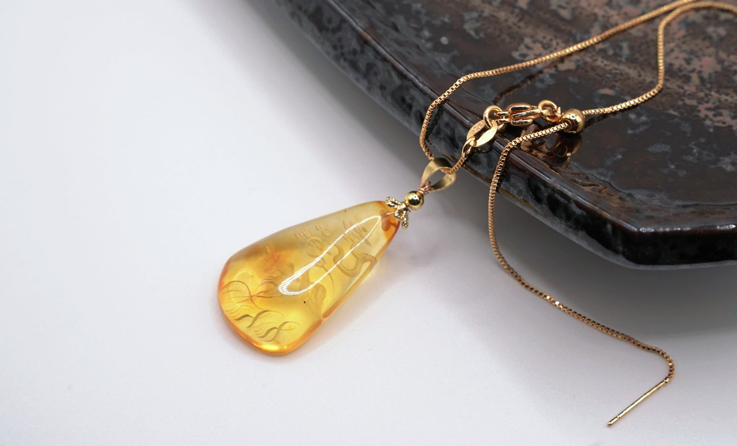 Certified Natural Amber Carving Pendant - Handcrafted  Burmese Fossil Resin Jewelry