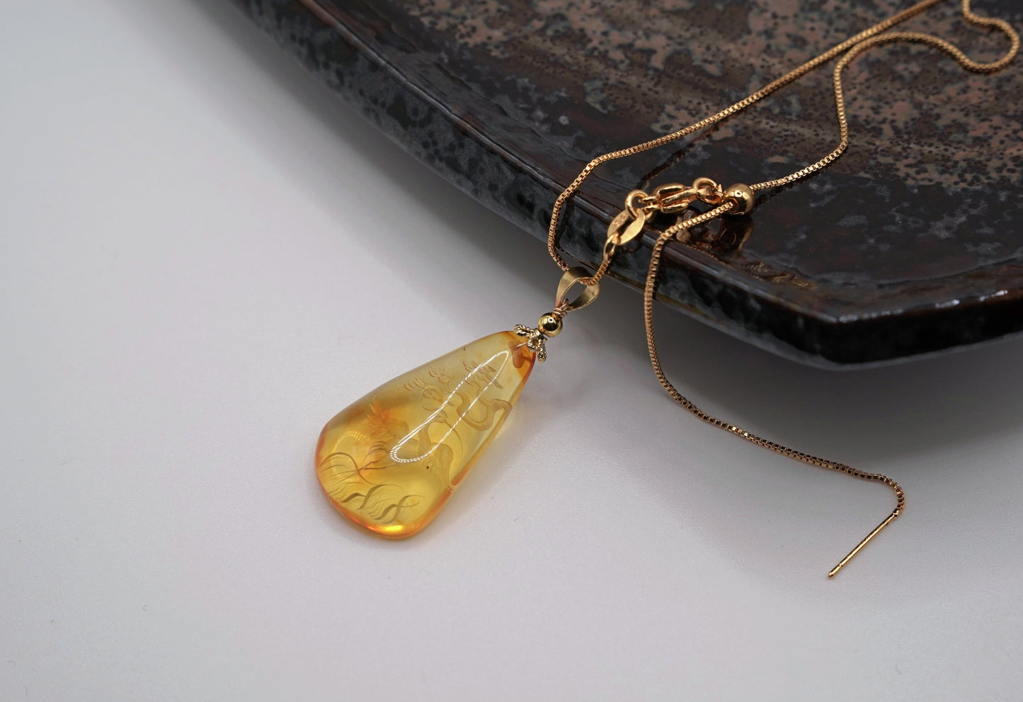 Certified Natural Amber Carving Pendant - Handcrafted  Burmese Fossil Resin Jewelry