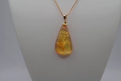 Certified Natural Amber Carving Pendant - Handcrafted  Burmese Fossil Resin Jewelry