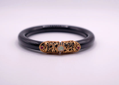 Black Agate Bangle with Opal | 35g | Certified Gemstone | Statement Jewelry