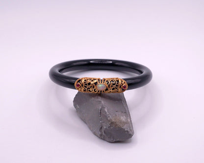 Black Agate Bangle with Opal | 35g | Certified Gemstone | Statement Jewelry
