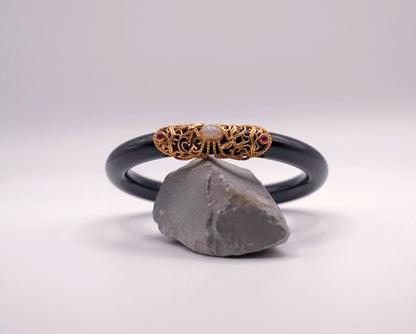 Black Agate Bangle with Opal | 35g | Certified Gemstone | Statement Jewelry