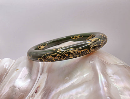 Hetian Jade Bangle with 999k Gold Carving  Handcrafted - Luxury - Certifie