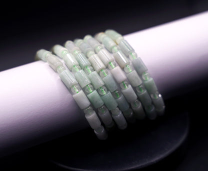 Natural Jadeite Bracelet Stack – Green Cylinder Beads, Handmade Healing Crystal Jewelry