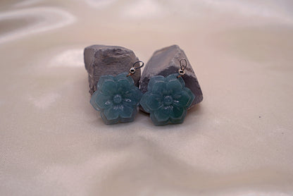 Blue-Green Twin Jadeite Flower Earrings  Hand-Carved  Elegant Gemstone Jewelry