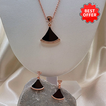 Fan-Shaped Black & Rose Gold Jewelry Set - Necklace & Earrings  Modern Elegance